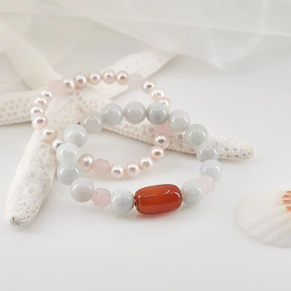 Jade Bracelet Set of 2, Genuine Jade w/Red Agate & Blush Pearls, Quiet Luxury